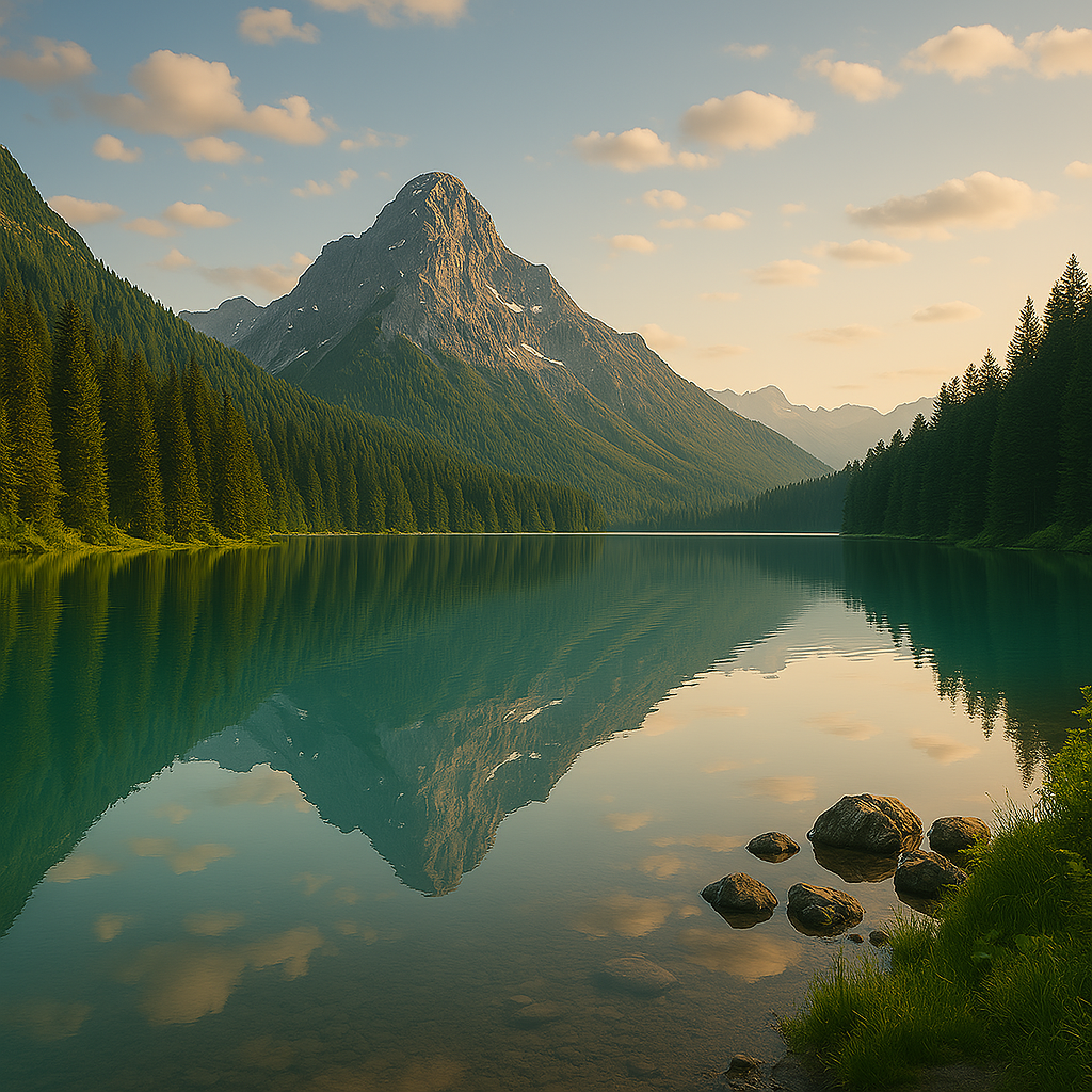 Lago calmo ao amanhecer
